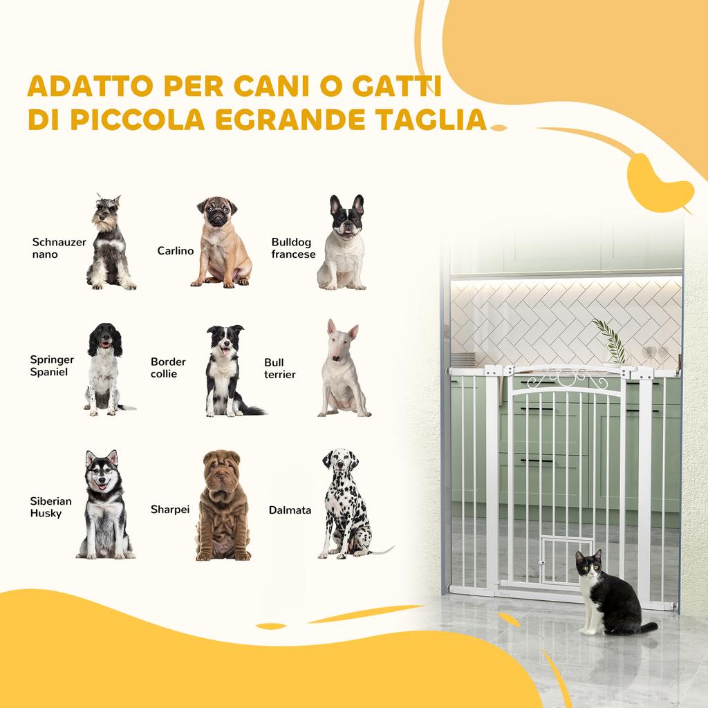 Adjustable Dog Gate with Extensions and Cat Door, 76-104x106cm, White