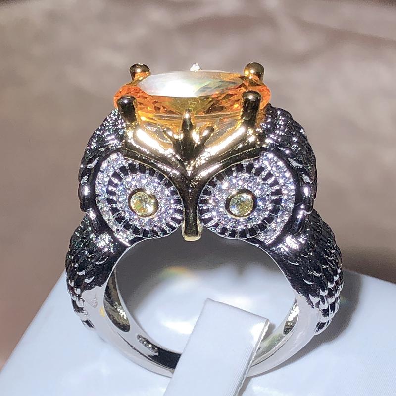 

2022 New Exaggerated Large Owl Shape Orange Zirconia Ring Women 925 Stamp Party Travel Birthday Jewelry Gift 10 білий