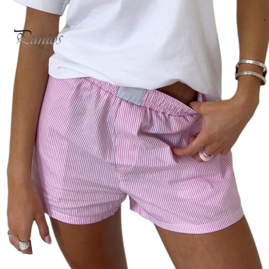 Women Summer Shorts Striped Print High Elastic Waist Retro Loose Above Knee Length Casual Sport Homewear Short Pants