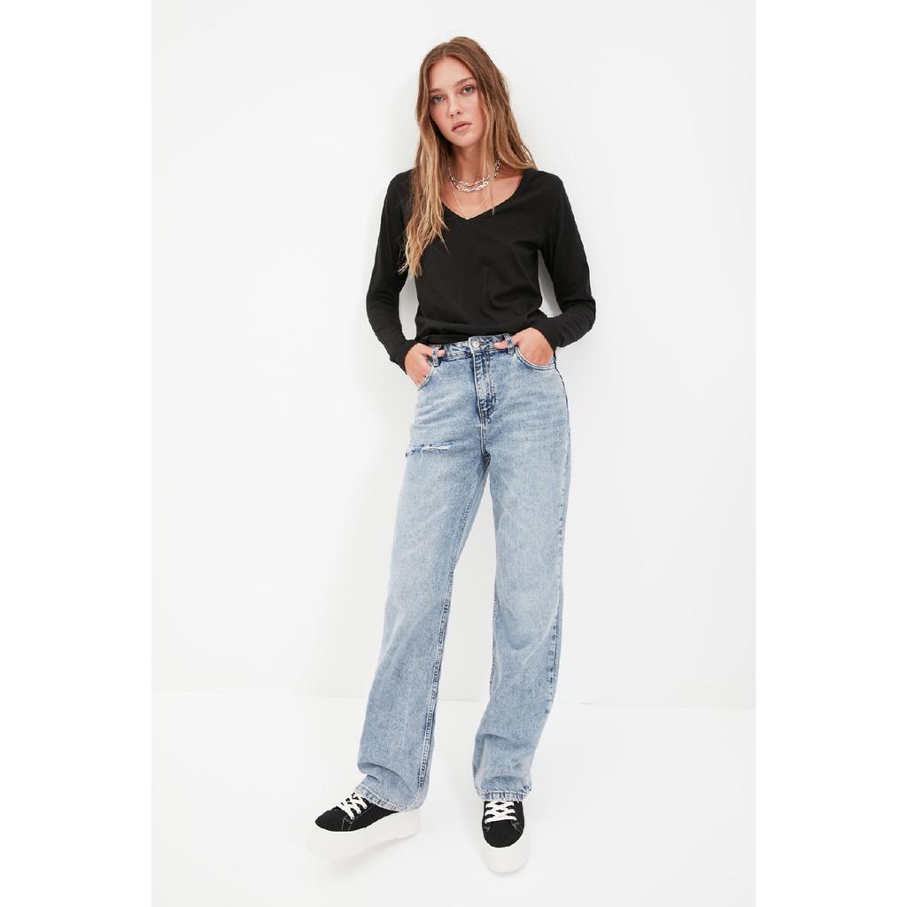 Black 100% Cotton Regular/normal Fit Basic V-neck Long Sleeve Knitted T-shirt Twoaw21ts0099