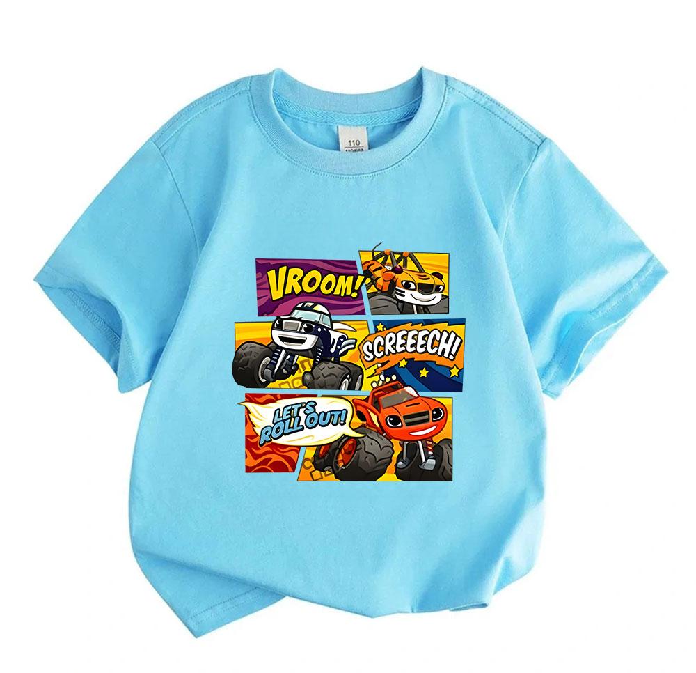 Kids Boys Girls 100% Cotton Short Sleeve Crew Neck T-Shirt, Cartoon Monster Truck Vroom Print Casual Tees for Children, Racing Vehicle Graphic Cute Su