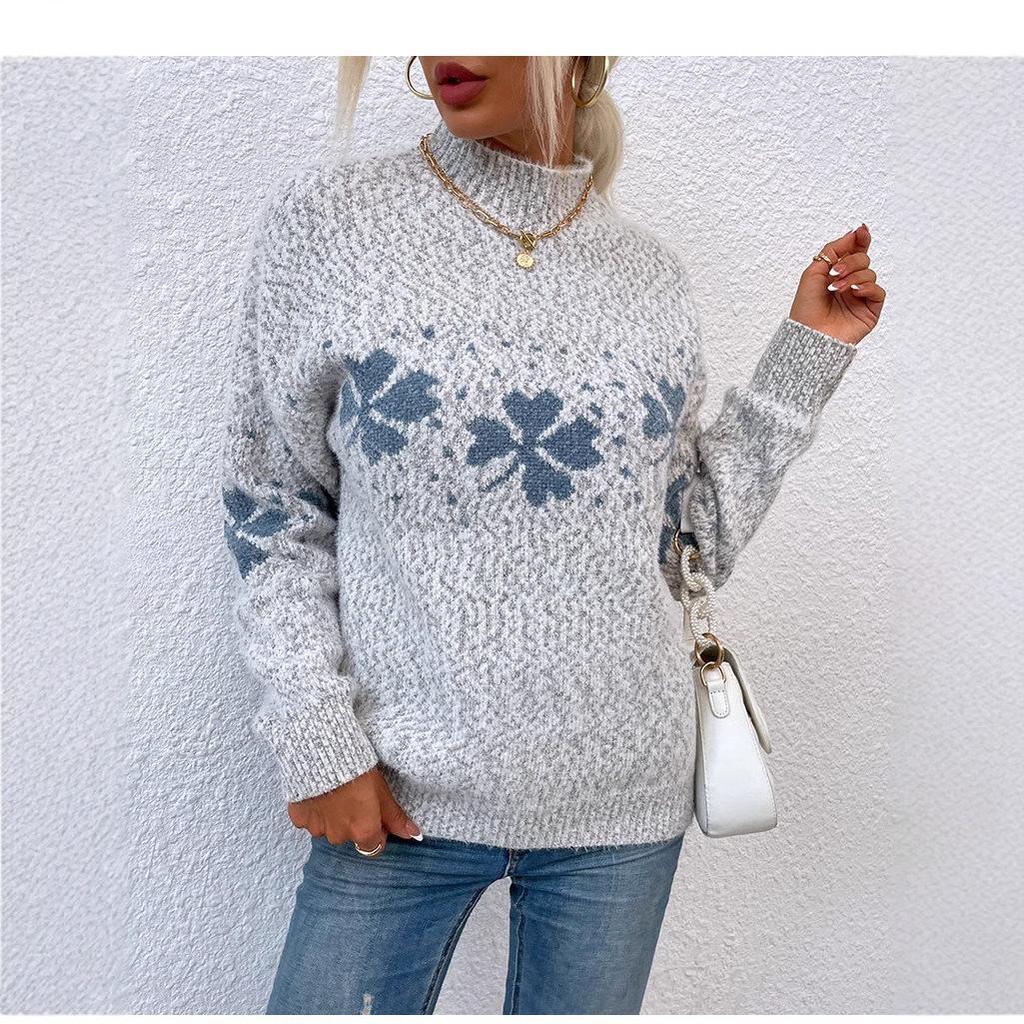 European & American Women's 2024 Autumn/Winter Snowflake Sweater - Casual Long-Sleeved Knitwear with Half-High Collar