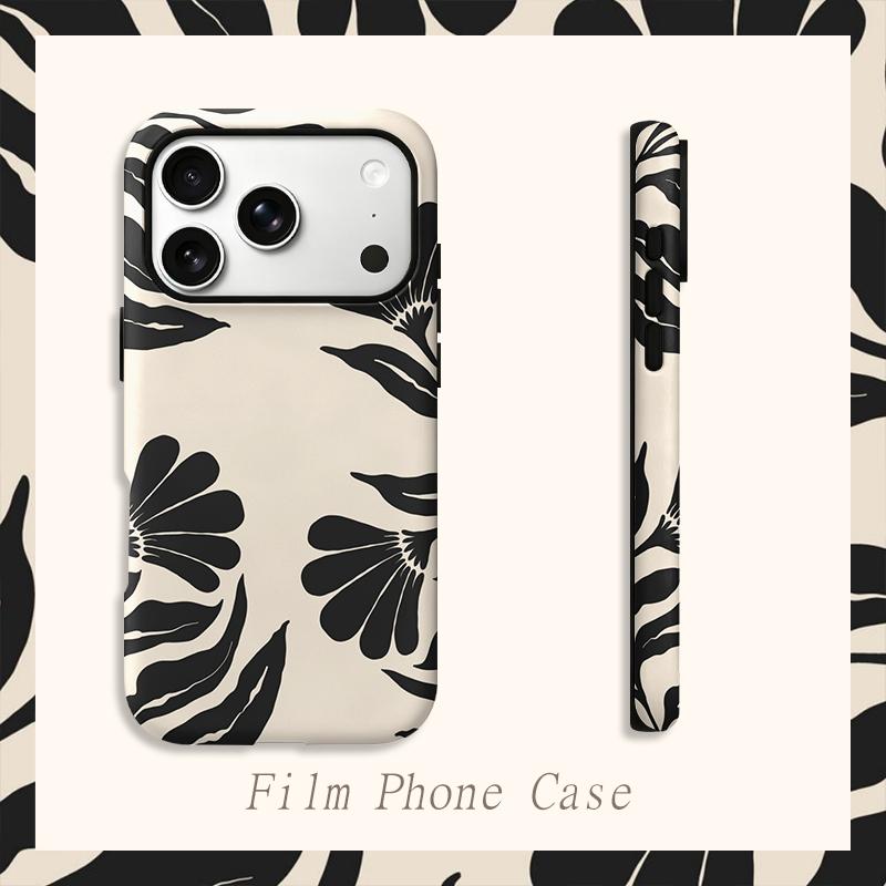 Bold Floral Abstract Black Cream Botanic Leaves Silhouette Art Film Aesthetic Protective Shockproof Bumper Phone Case For iPhone 14 15 16 Pro Max Plus