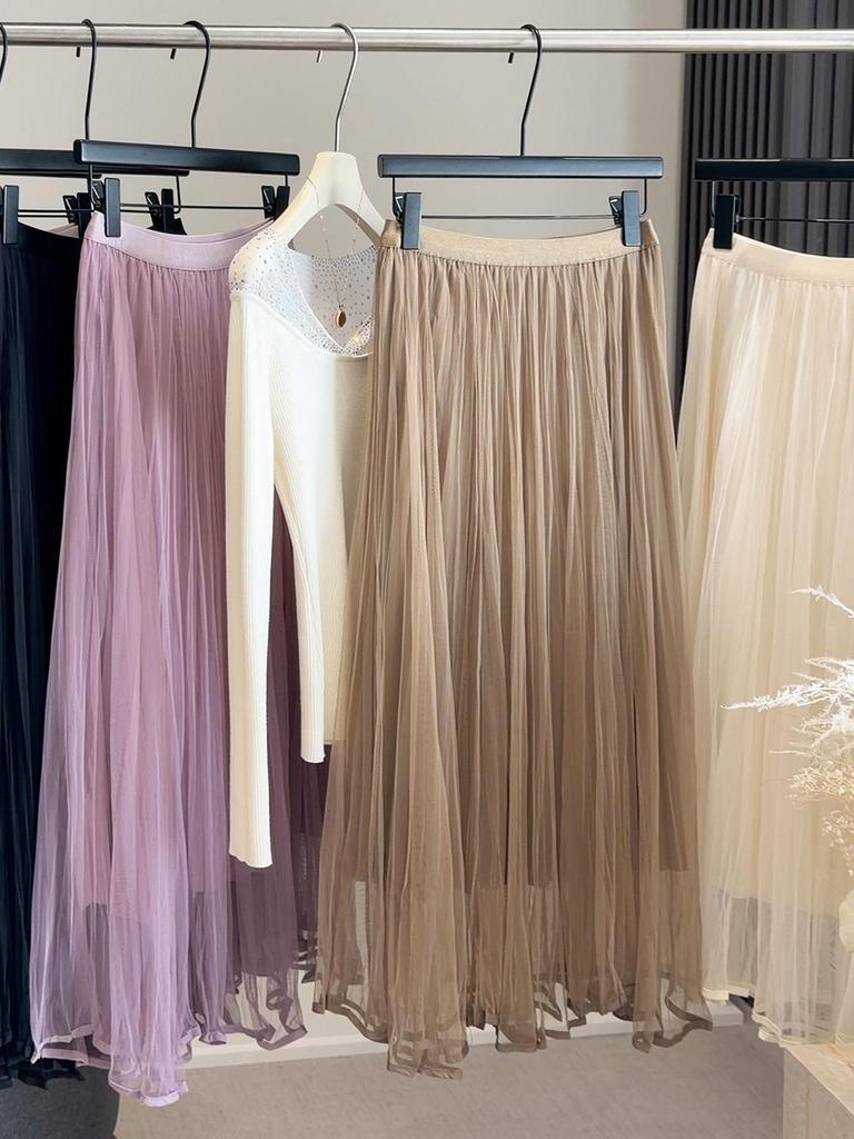 Flowy Super Fairy Mesh Patchwork Midi Skirt for Women - High Waist Slimming Mid-Length Skirt, 2026 Spring/Summer Collection