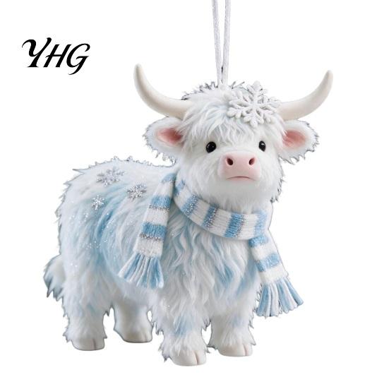 Reusable Acrylic Pendant for Home Decor Highland Yak Ornament Christmas Tree Hanging Decor, Cute 2D Flat Compact Decorations with Gold String Holiday