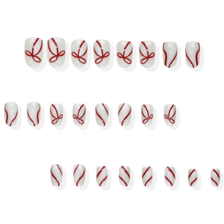 Christmas Inspired Press On Nail White Oval Design Red Accents 24pcs Professional Manicures
