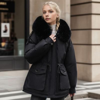 Chaqueta de algodón de invierno para mujer, capucha peluda, felpa gruesa, mangas largas, cintura elástica, bolsillos, cierre de cremallera, abrigo de longitud media, resistente al viento, abrigo cálido