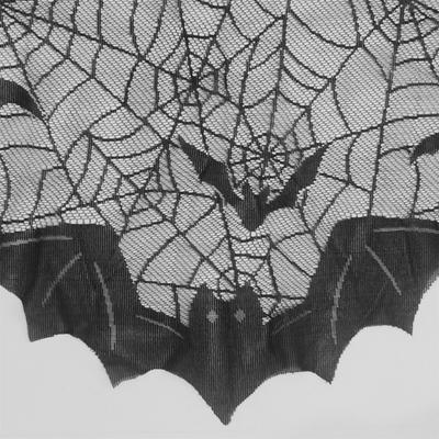 Elegant Halloween Lace Mantle Scarf with Spiderweb and Bat Motifs, Black Halloween Cobweb Fireplaces Scarf 200x50cm