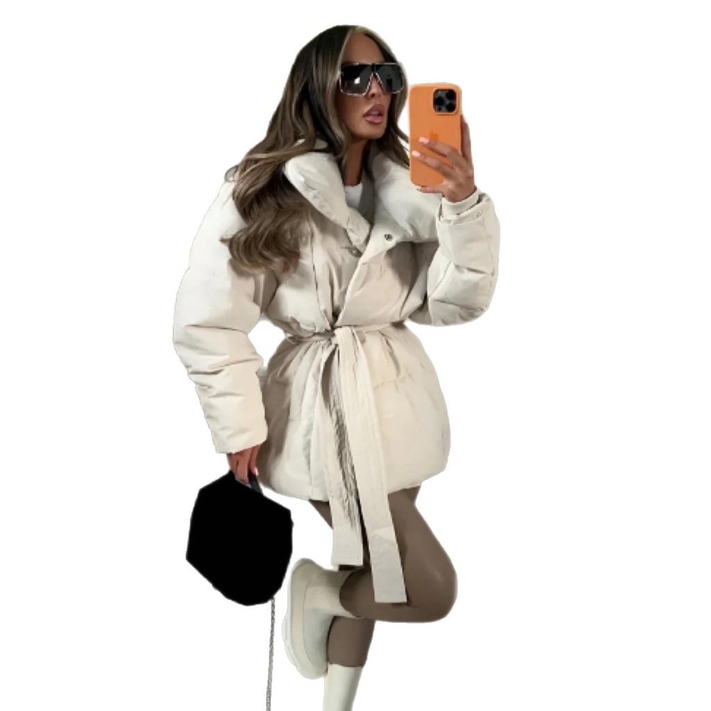 Women's Belted Lapel Puffer Jacket Coat, Winter Fashion Outerwear, Casual Tie Waist Long Sleeve Trench