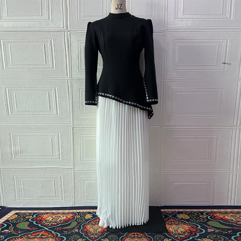 2026 Autumn European & American Solid Color Long Dress with Elegant Hot Drilling - French Two-Piece Set.