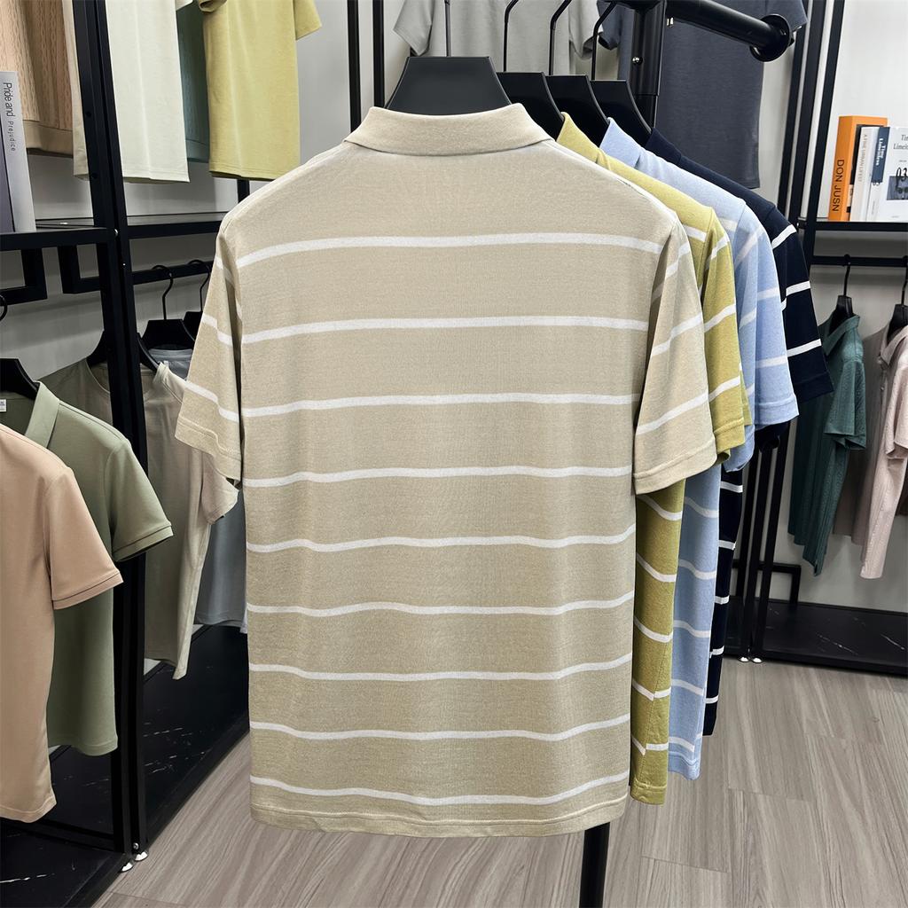 Classic Stripe: Mulberry Silk Linen Men's Light Business Polo Shirt