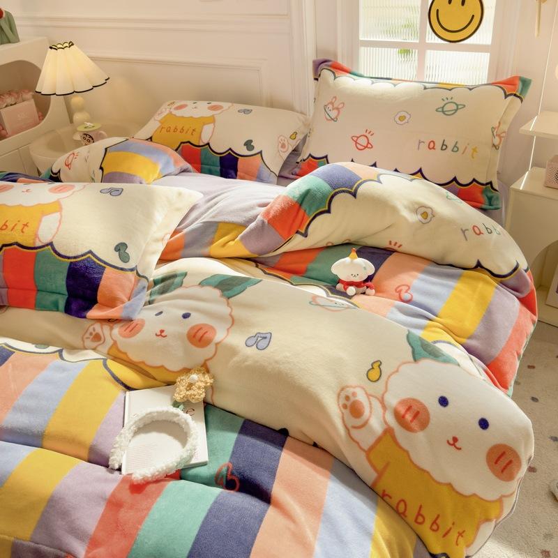 Thickened Milk Fleece Four-Piece Set, Coral Flange Double-Sided Fleece Quilt Cover, Bed Sheet, Bed Hat Three-Piece Set