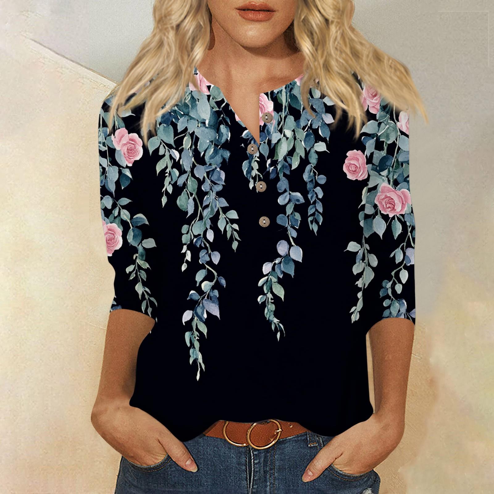 

Женский свободный повседневный топ с рукавом семь четвертей и цветочным принтом с круглым вырезом на пуговицах M тёмно-синий