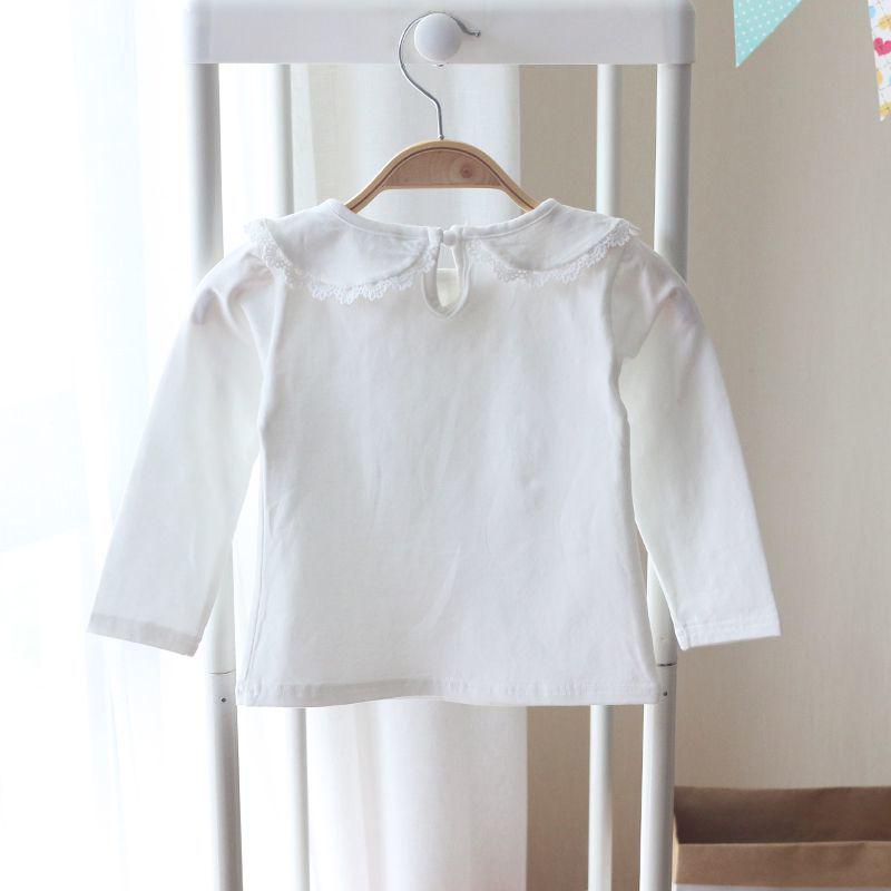 Girls' White Peter Pan Collar Long Sleeve Cotton T-Shirt for Spring/Autumn