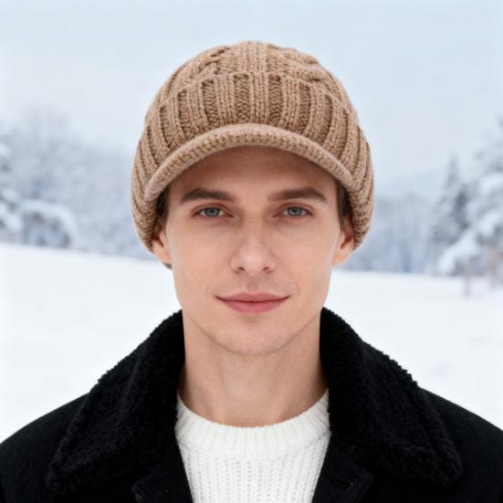 Short Brim Knitted Hat for Men Winter Warm Fleece Lined Thick Cable Knit Cuff