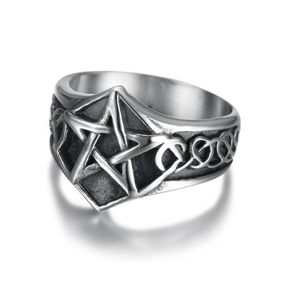 Dark Geometric Engraved Pentagram Ring Vintage Punk Stainless Steel Gothic Jewelry for Men Women
