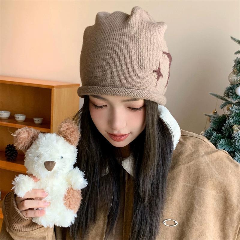 Star Pattern Curling Drawstring Beanies For Women Autumn And Winter Warm Ear Protection Versatile Retro Knitted Pullover Hats