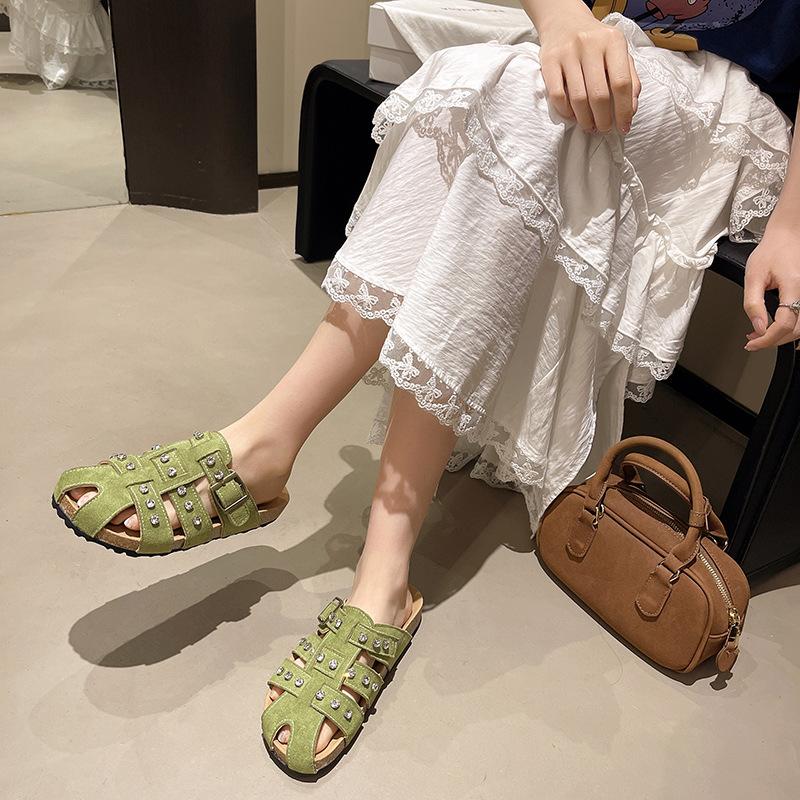 Retro Mädchen Dicksohlige Taschenkopf Hausschuhe Tragen Sommer Flachboden Atmungsaktive Hohlsandalen Faule Pedale