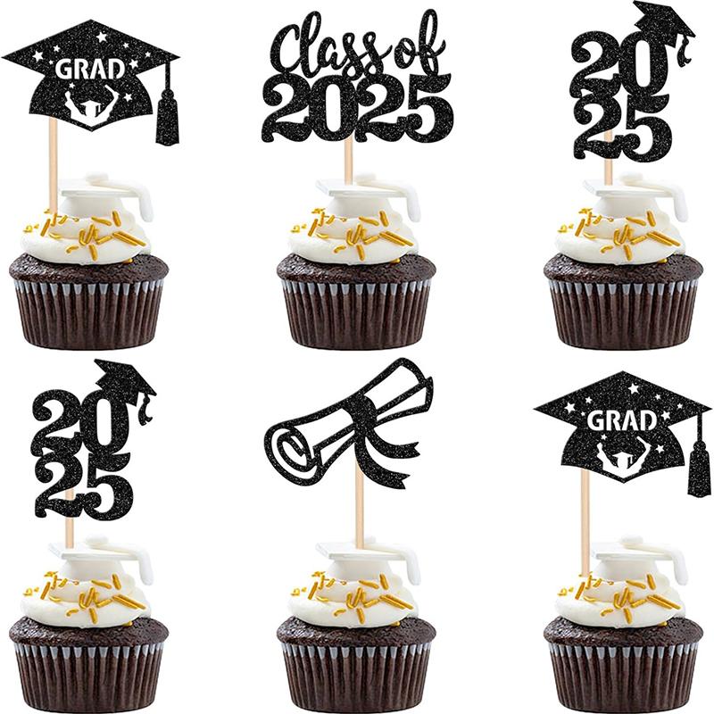 

12 шт. Топперы для кексов на тему выпускного 2025 года, блестящие, «Выпуск 2025», диплом, выпускная шляпа, шпажки для кексов, тема выпускного 2025 года чёрный