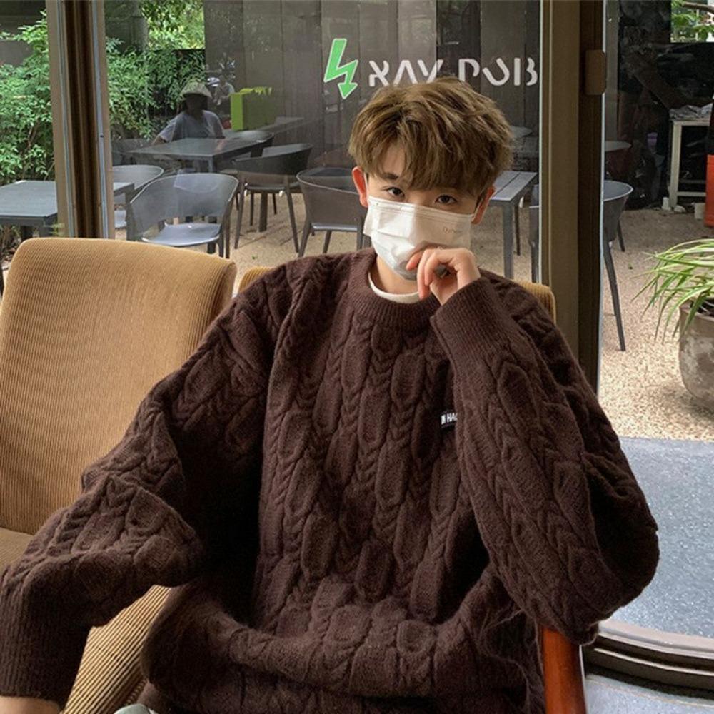 

Новый жаккардовый полосатый свитер мужской утолщенный ленивый стиль премиальный сенс свободный ретро круглый вырез вязаный свитер 2XL темно-коричневого