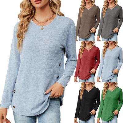 Women's Round Neck Top Long Sleeve T-shirt Loose Button T-shirt Women's Top Autumn and Winter Women's Base Shirt