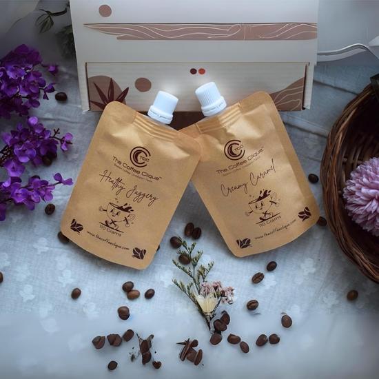 The Coffee Clique | Healthy Jaggery + Creamy Caramel | Beaten Coffee Paste | Cafe Like Cappuccino At Home | Combo of 2 | 220 Grams