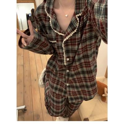 Women's Pajamas New Autumn Spring Long Sleeve Soft Sleepwear Set Grid Cartoon Pyjama Woman Home Nightwear Set Cardigan