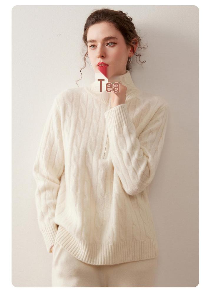 2025 Women's High-Neck Cable Knit Cashmere Sweater - Loose, Versatile Half-Zip Jumper for Autumn/Winter