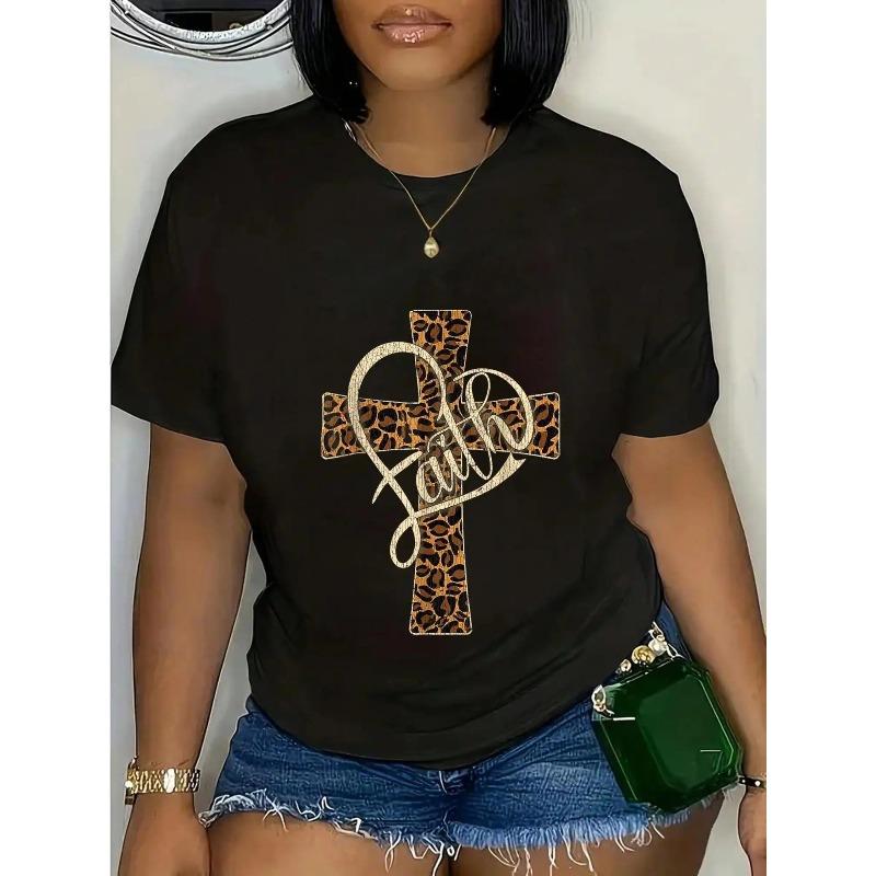 

European Size Woman s T-Shirt- Leopard Cheetah Print & Script Design,Black Geometric Pattern Short Sleeve Casual Tee, Everyday Comfort All-Season Wear 4XL