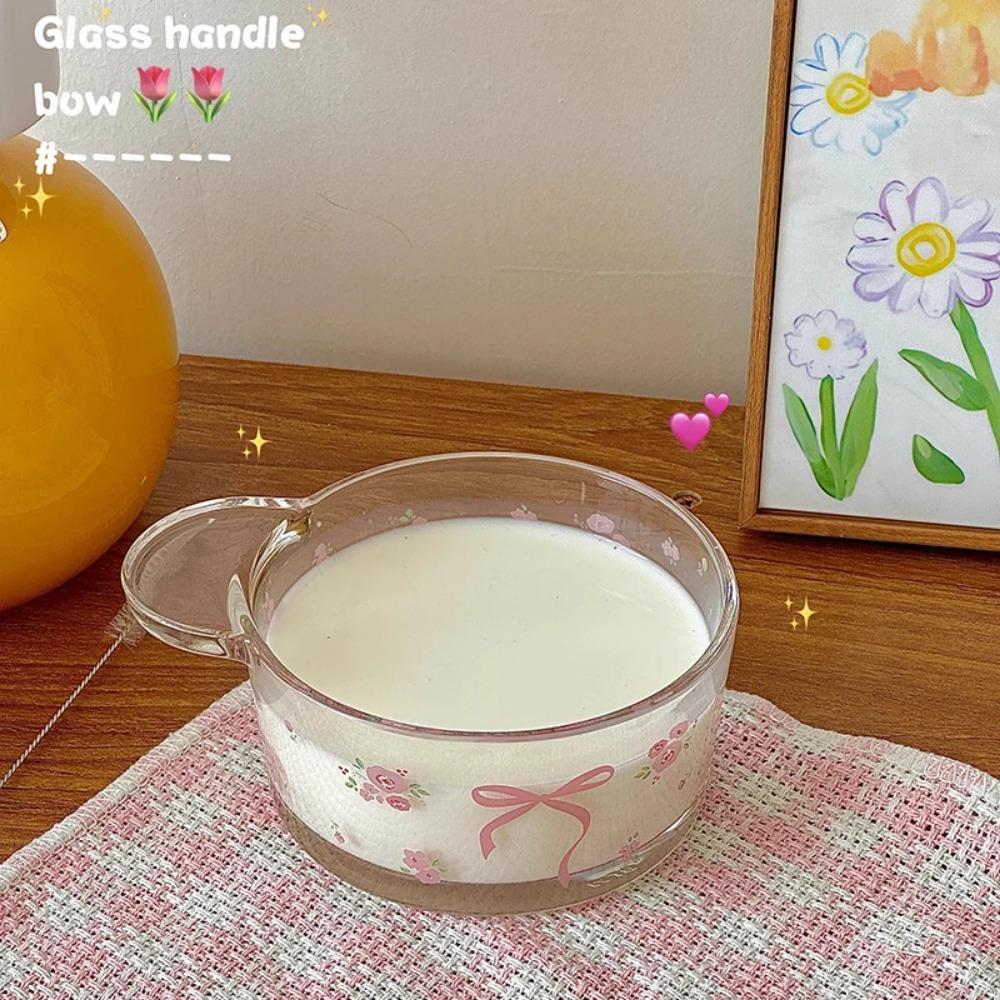 Kawaii Bowknot Glass Cups Tumbler Aesthetic Cute korean Flower Mugs For Ice Coffee Juice Beer Milk Tea Glasses Cup Bowl For Girl