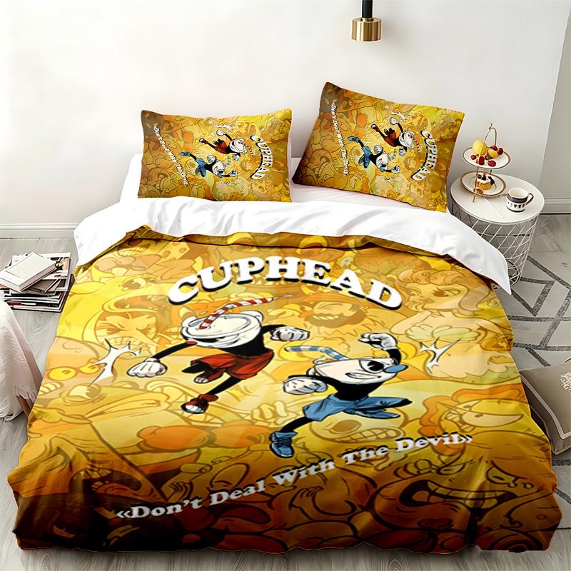 Set 3 pezzi Cuphead Perfetto per la camera da letto Set letto confortevole include una copripiumino e due federe Ideale regalo di compleanno o di Natale