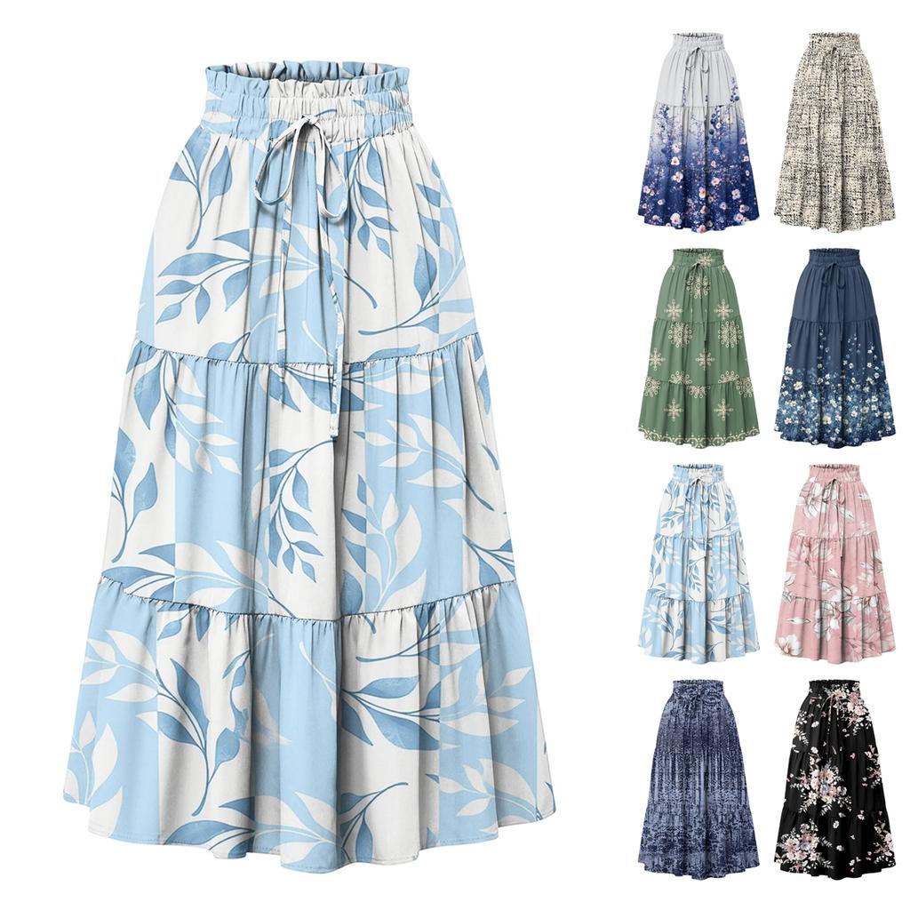 Womens Maxi Skirt Drawstring High Waisted Summer Long Skirts Lightweight Tiered Flowy Floral Pleated Skirts