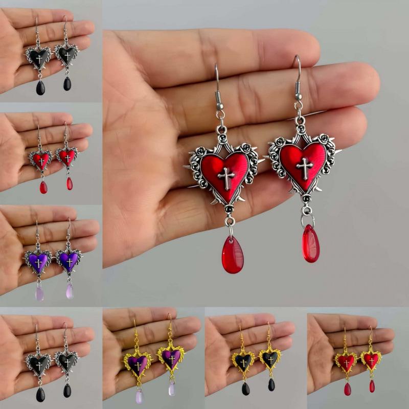 Dark Gem Blood Red Gothic Heart Rose Thorn Earrings - Original Halloween Design