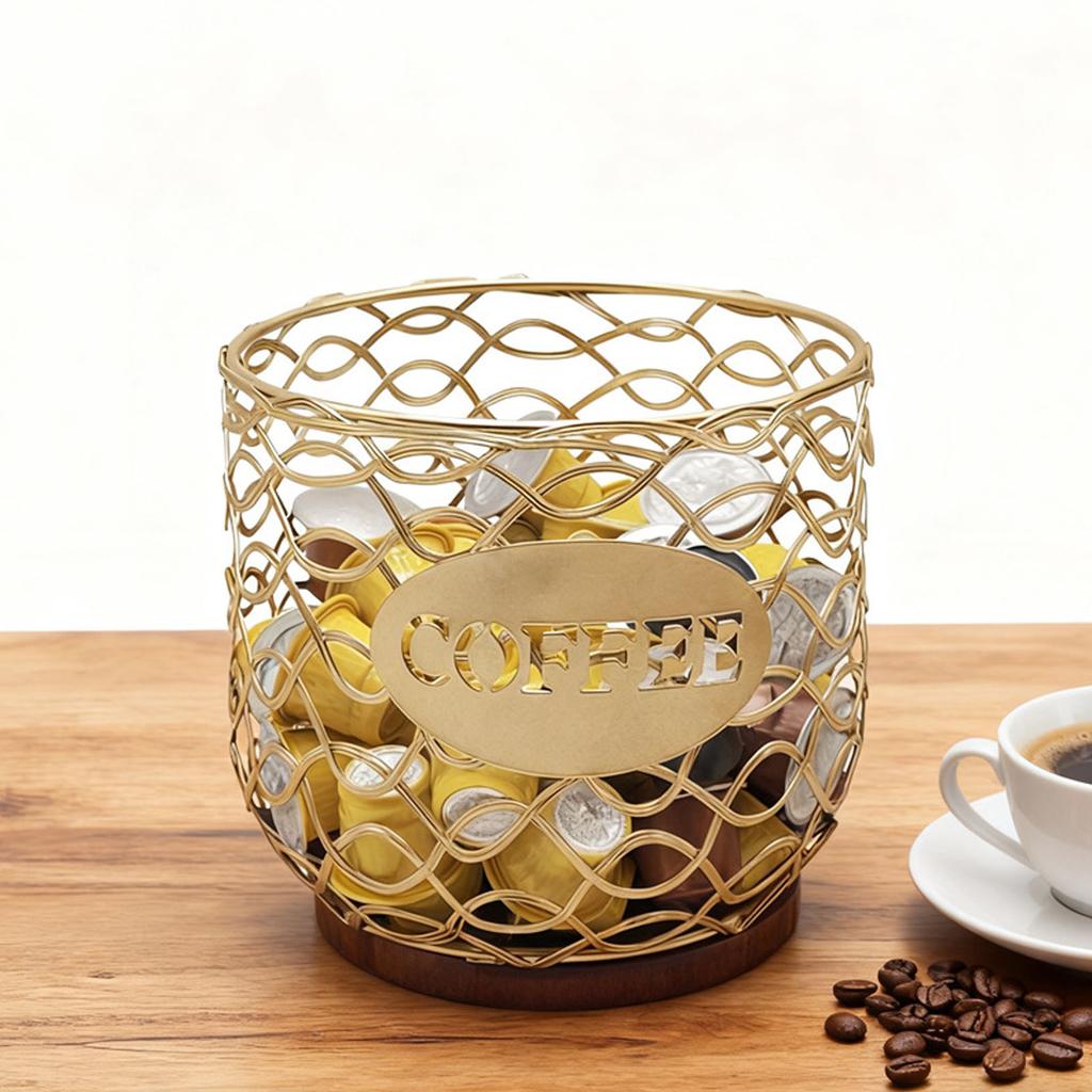 Coffee Pod Holder   Large Capacity Coffee Capsule Storage Basket with Wooden Base for Kitchen Counter   Desktop