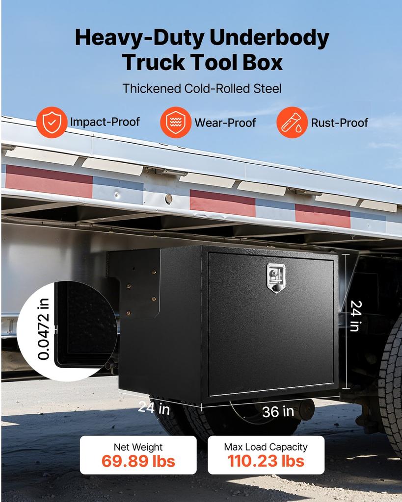 Underbody Truck Tool Box, 914 x 609 x 609 mm Heavy Duty Steel Trailer Storage Box with Lock & Keys, Waterproof Trailer Storage Organizer Under Body