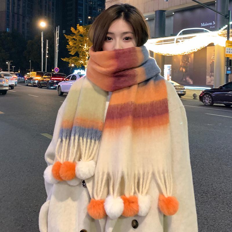 Color blocked Tassel Scarf for Women in Winter New High End Warm and Thickened Scarf for Students Korean Style Versatile Decoration