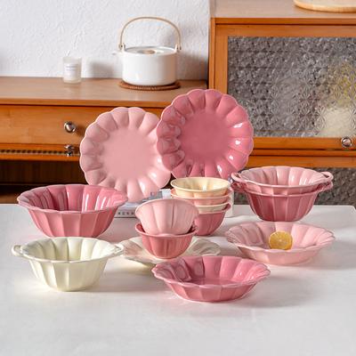 Cream Flower Rhyme High Value Ceramic Tableware Dopamine Creative Lace Bowl Household Salad Bowl Dessert Plate Large Soup Bowl
