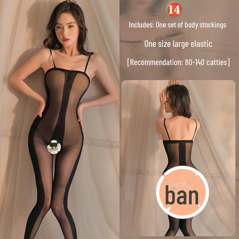 Erotic Black Mesh One-Piece Lingerie Set with Open Stockings - Tempting and Sexy