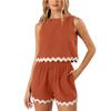Damen Sommer Zweiteiler Leinen Spitzenrand Rundhals Westenoberteil Shorts