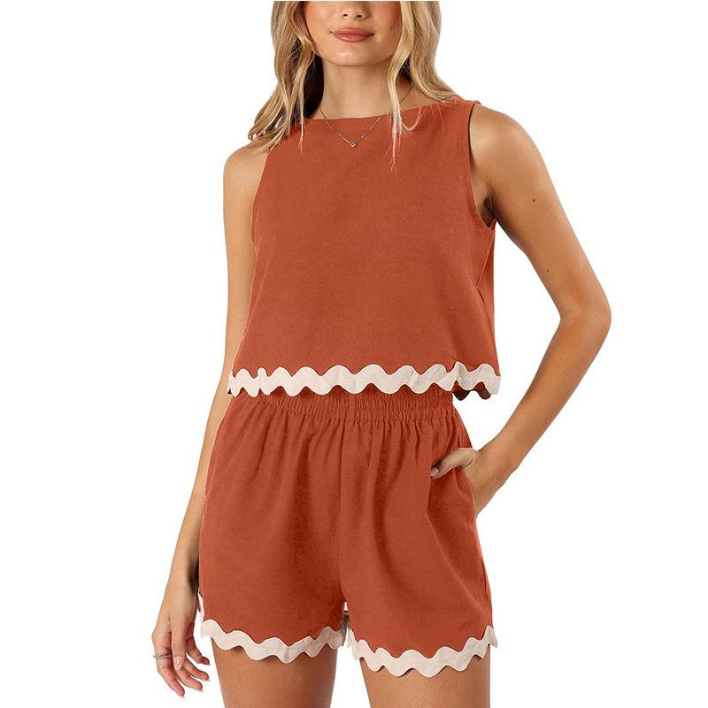 Women's Summer Two-piece Linen Lace Edge Crew-neck Vest Top Shorts