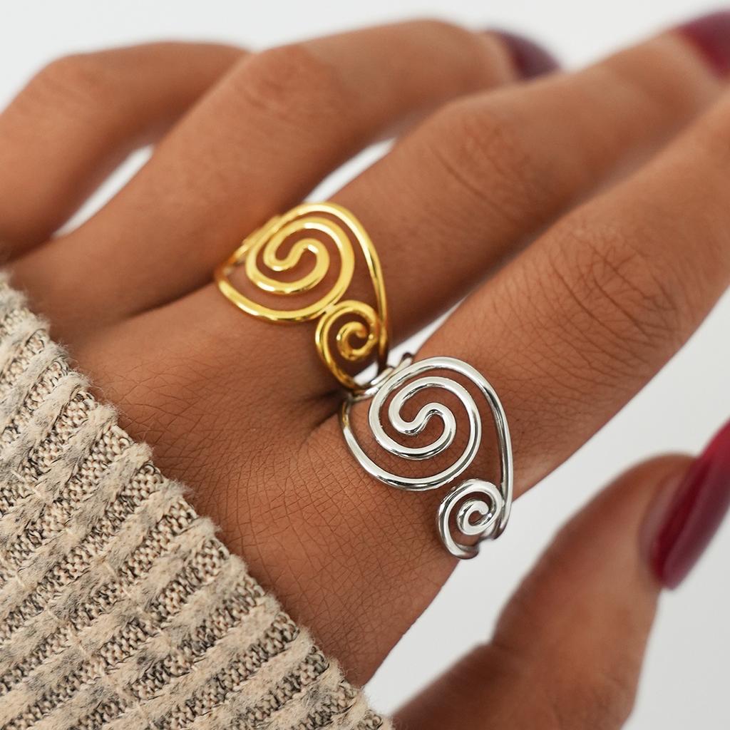 Stainless Steel Spiral Adjustable Open Rings for Women 18K Gold Plated Waterproof High Quality Ladies Jewelry for Vacation Etc