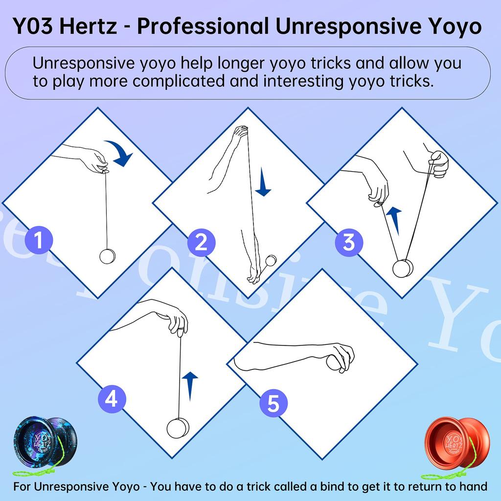 Professional Yo-Yo Y03-Hertz Yo-Yo Ball for Intermediate To Advanced Players + 5 Spare Yo-Yo Strings + Yo-Yo Holder + Gloves (3 Acid Colors)