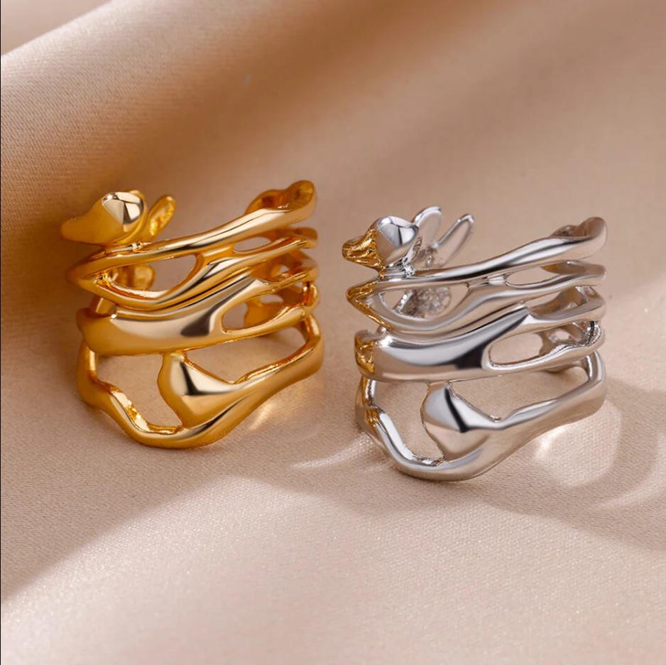 18k Gold Plated Men's Adjustable Geometric Stainless Steel Ring - Korean Style