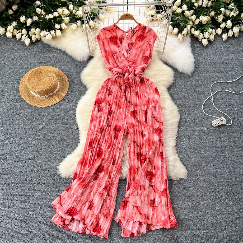 Casual Feminino Verão Floral Estampa Macacões Moda V Decote Sem Mangas Cintura Alta Larga Plissado Perna Comprimento Total Macacão