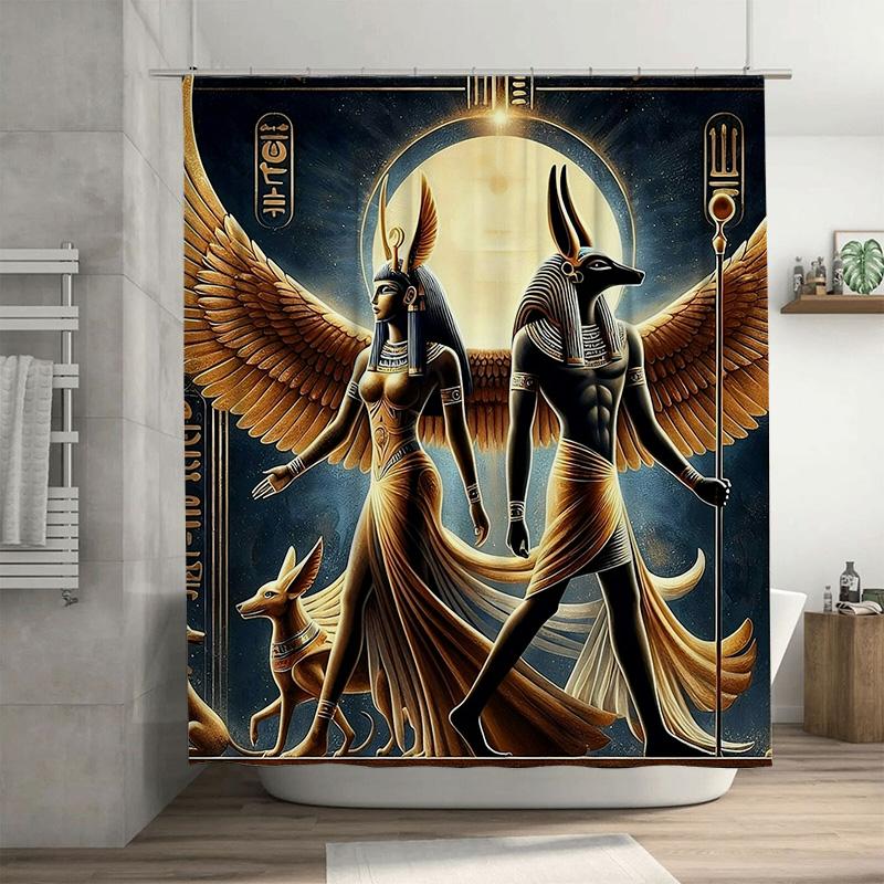 

Egyptian-Themed Shower Curtain Featuring Gods Anubis And Isis In Gold And Black Decorative Bathroom Accessory For Home Decoratio W60H190(CM)-1 Pcs