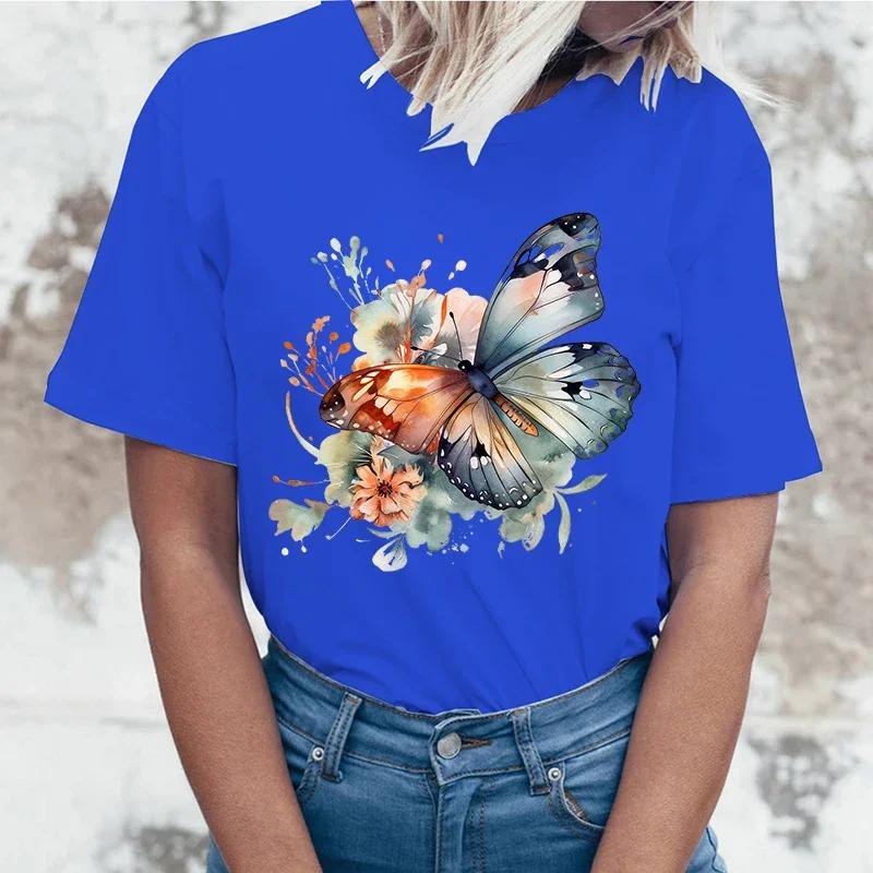 High quality  Flowers Butterfly Printing cottonn Fashion Short Sleeve Summer Cool Hip Hop Top woman