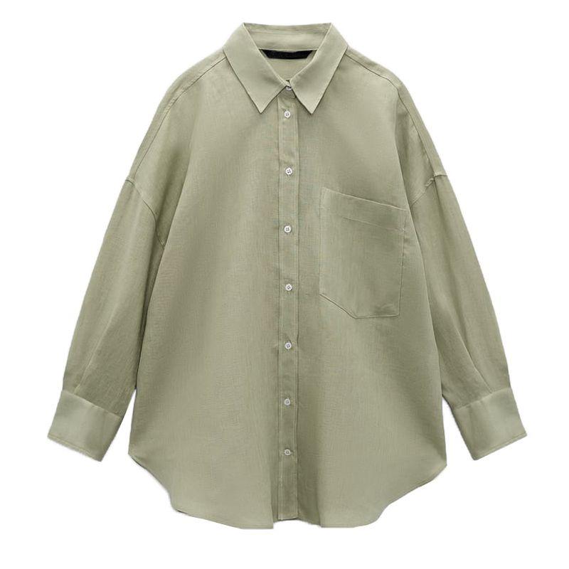 

Sun Protection Loose Long Sleeves Pocket Linen White Shirt Medium Green Medium Version L
