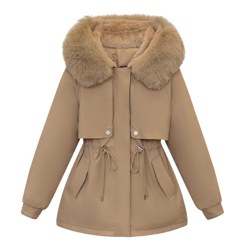 Women's New Velvet and Thickened Parka Short Korean Style Loose Waisted Large Fur Collar Jacket