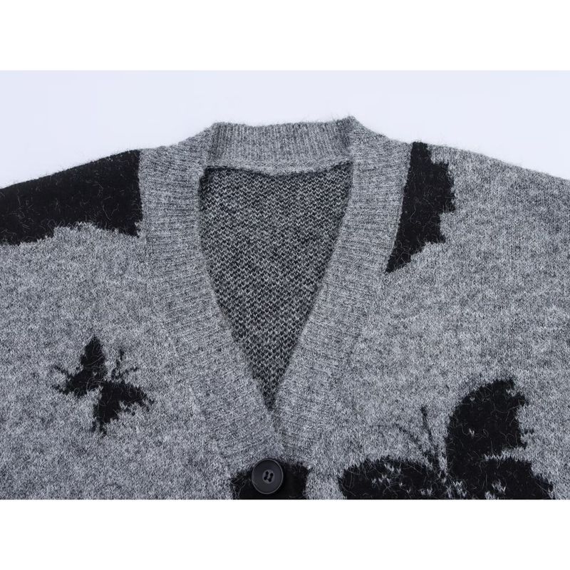 Kaslead New Women Clothes Western Style Lazy Butterfly Jacquard V-neck Long Sleeve Knit Sweater Cardigan Outerwear
