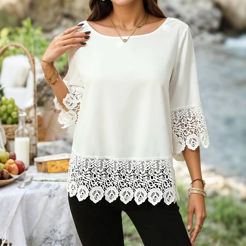 

ZANZEA Женская повседневная блузка с круглым вырезом, рукавами до локтя, свободного кроя, с кружевной вставкой XL белый